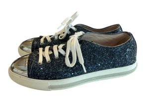 miu miu Glitter Sneakers Trainer with Silver Toe Cap Womens Sz 7.5 EUR 38.5 Navy - Picture 1 of 9