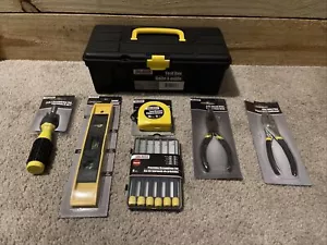 New 7 Piece Tool Bench Tool Set Lot With Tool Box Pliers Measure tape Level - Picture 1 of 12