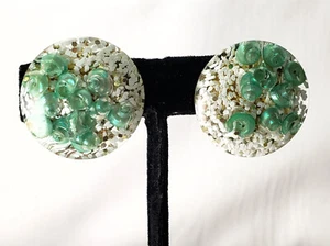 1960's Lucite Sparkle and Sea Shells Round Clip On Vtg Statement Earrings - Picture 1 of 7
