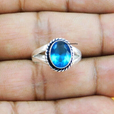 Blue Topaz Gemstone ring 925 sterling silver handmade Gift US size 5 to 10 - Image 1 of 4
