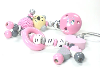 Schnullerkette mit Namen Teddy mit Körper love MOM Herz Mädchen rosa Holz  - Bild 1 von 4