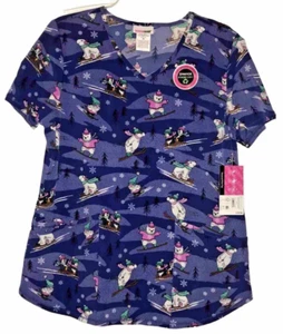SCRUBSTAR NEW WOMENS WINTER HOLIDAY BLUE SCRUB TOP SZ M POLAR BEARS PENGUINS NWT - Picture 1 of 13