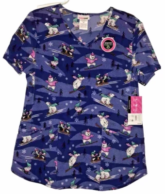 SCRUBSTAR NEW WOMENS WINTER HOLIDAY BLUE SCRUB TOP SZ M POLAR BEARS PENGUINS NWT - Image 1 of 4