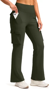 Women'S Stretchy Cargo Pants 6 Pockets High Waist Bootcut Flare Leggings for Cas - Picture 1 of 12