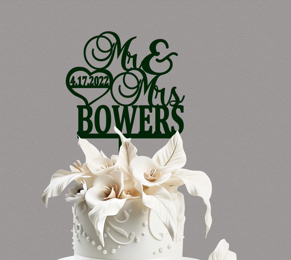 Personalizado Sr. y Sra Apellido/fecha Tradicional Corazón Pastel Topper para Boda Foto 1 de 4