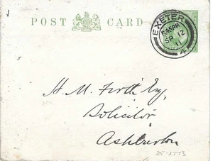 G.B. - Pre-Paid Postal Card - to Ashburton, Devon- 12.09.1911 (25-2773) - - Picture 1 of 1