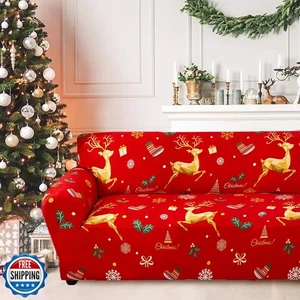 Mybedsoul Christmas Printed Red Sofa Cover Reindeer Printed Elastic Couch Cov - Picture 1 of 5