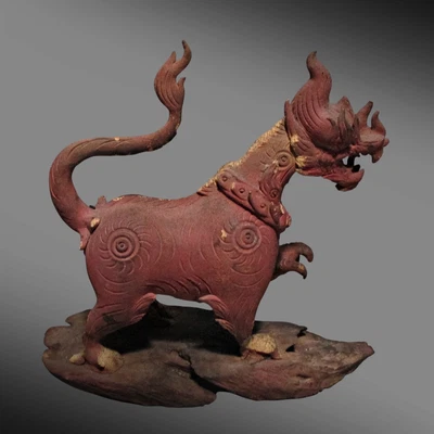 Antique Guardian Singha Hand-Carved Wood Lion from Sukhothai of Thailand - Image 1 of 4