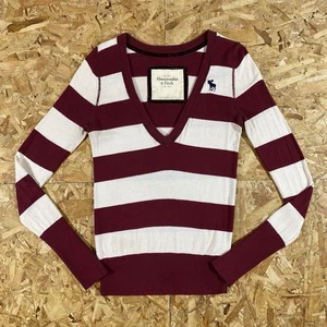 Vintage Y2K Abercrombie & Fitch Striped V-Neck Sweater Moose Logo Womens Size L - Picture 1 of 7