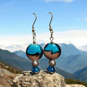 Retro Art Glas Statement Ohrringe - kräftiges Blau & Silber Kugel baumelt Top! - Bild 1 von 1