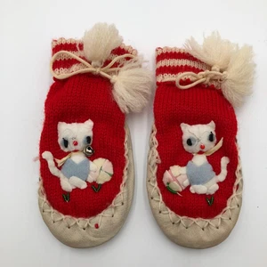 Vintage red wool Knit & Leather soles baby slippers size 4.5" - Picture 1 of 10