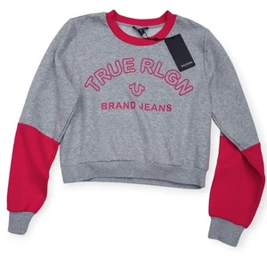 NWT True Religion Shrunken Sweatshirt Womens L Gray Cropped Crew Neck Colorblock - Picture 1 of 11