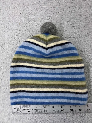 Old Navy Beanie Toque Adult One Size Blue Gray Green Stripe Knit Lambswool Pom - Image 1 of 4