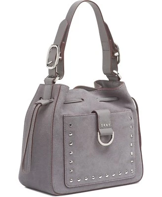 DKNY Wayne Suede Drawstring Bucket Bag Studded Crossbody Light Charcoal $348 - Image 1 of 4