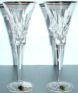 Waterford Crystal Lismore Golden Toasting Flute Pair Gold Rim 9.25"H #163706 New - Picture 1 of 4