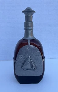 Vintage Queens Kunst Zinn Bernstein Glasflasche Dekanter Segelboot Möwen Overlay - Bild 1 von 16