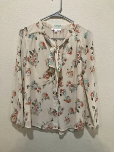 DR2 Top Blouse Women Size S tan Multi Floral Long Sleeve Front Tie BOHO - Picture 1 of 6