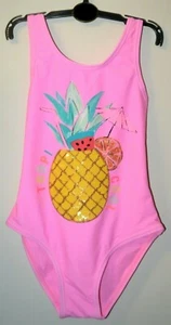GIRLS M&S LINED SEQUIN SWIMSUIT COSTUME CROSSOVER BACK AGE 6-7 UPF 50+ PINK BNWT - Picture 1 of 6