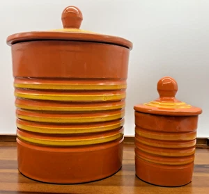 Vintage MCM Italian Hand Painted Ceramic Canister Set Orange Yellow Striped - Picture 1 of 14
