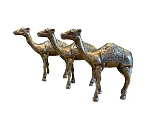 Set Of 3 Solid Brass Etched MCM Camel Figurine Ornate 7.5" Tall Vtg Home Decor - Picture 1 of 1
