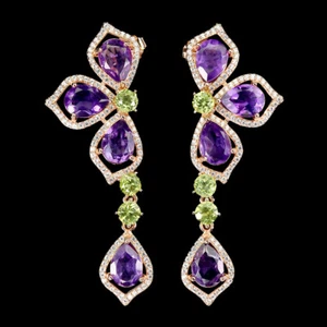 925 Sterling Silver Earrings Pear Amethyst Peridot Natural Gemstone Jewelry - Picture 1 of 13
