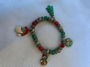 CIONDOLO NATALIZIO NATALE STRETCH Bracciale tono argento perline ALBERO SANTA CORONA PUPAZZO DI NEVE - Foto 1 di 6