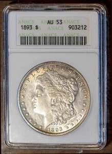 1893 $1 Silver Morgan Dollar AU 53 ANACS # 903212 + Bonus - Picture 1 of 2