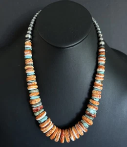 Sterling Silver Orange Spiny Oyster Turquoise Pearls Bead Necklace. 22 inch - Picture 1 of 12