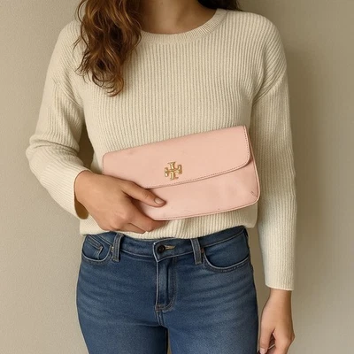 Tory Burch Leather Slim Diana Flap Clutch Blush Pink Saffiano Preppy FLAWS - Image 1 of 4