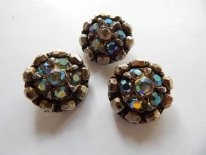 Vtg Aurora Borealis Dome Rhinestone Cluster Buttons 3 Steel ?  metal shank  1" D - Picture 1 of 4