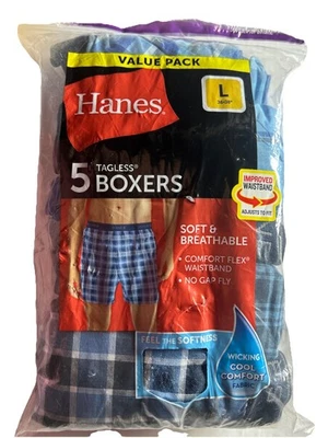 Hanes Mens Underwear, 5 Pack Woven Boxers L 36-38 Open Bag New Soft & Breathable - Image 1 of 4