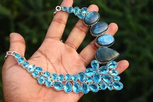 Collar de joyería de plata de ley 925 hecho a mano con piedras preciosas de labradorita tamaño-17-18" - Imagen 1 de 5