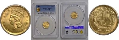 Moneda de oro de un dólar 1856 graduación profesional MS-63 Foto 1 de 3