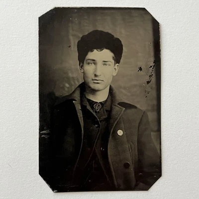 Antique Tintype Photograph Very Handsome Young Man Fur Hat Winter Attire - Image 1 of 4