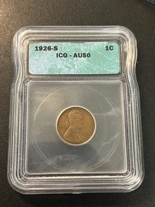 1926 S WHEAT CENT ICG AU-50 - WHEAT PENNY - ABOUT UNCIRCULATED - CERTIFIED - 1C - Picture 1 of 2