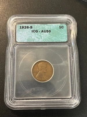 1926 S WHEAT CENT ICG AU-50 - WHEAT PENNY - ABOUT UNCIRCULATED - CERTIFIED - 1C - Image 1 of 2