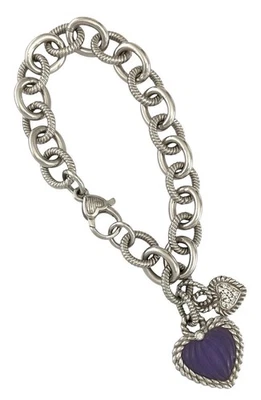 Pulsera JUDITH RIPKA Plata Esterlina Pesada LAVANDA JADE Y CIRCONITA CORAZÓN ENCANTO ~ ¡NUEVA! Foto 1 de 4