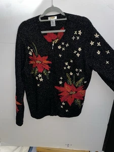 Talbots Silk Embroidered Poinsettia Zip Up Women's Xl Sweater Christmas Holiday - Picture 1 of 7