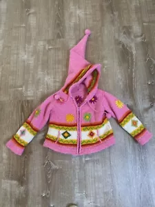 Tejidos Sweater Girls 5/6? Hooded Cardigan Sweater Pink Floral Pom Pom Handknit - Picture 1 of 7