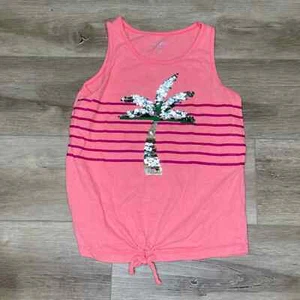 Cat & Jack Girl's Pink/Silver Sequin Palm Tree Tie Front Tank Top sz L (10/12) - Picture 1 of 2