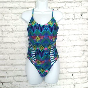 Stylish Swimwear Womens Large Blue Geometric Cut Out One Piece Swim Suit 90s - Picture 1 of 9