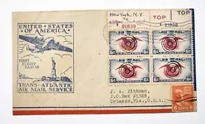 1939 First Flight Trans Atlantic Cover NY To Lisbon C23 - Bullseye Cancel Block - Picture 1 of 4