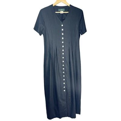 Vestido Orvis Vintage Años 90 Lino Hecho en EE. UU. Negro Botón Frontal Midi Talla 12 Foto 1 de 4
