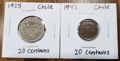 1947 Chile 20 Centavos Coin KM# 177 & 1925 Chile 20 Centavos Coin KM# 167 - Image 1 of 4