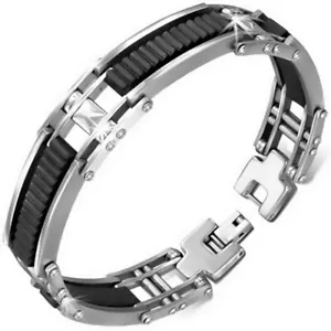 Edelstahl silberfarben schwarz Gummi Herren Link Armband mit Verschluss - Bild 1 von 2