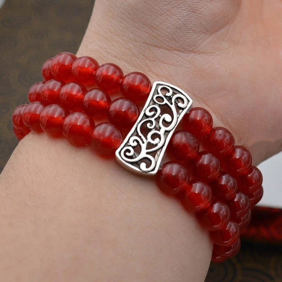 Natural 3 Rows 8mm Red Jade Beads Stretch Tibetan Silver Gems Bracelet 7.5'' AAA - Изображение 1 из 4