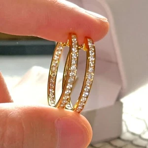 925 Silver 1.00 Ct Lab grown In-Outside Diamond Women Channel Set Hoop Earrings - Picture 1 of 8