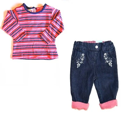 ENSEMBLE T-SHIRT MANCHE LONGUE PANTALON JEANS FILLE BEBE 6 MOIS NEUF etiq 25,89€ - Photo 1/4