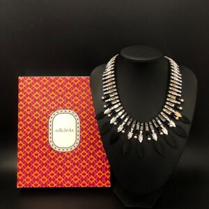 Stella Dot Feather Statement Necklace Crystal Gems Silver Metal Black SJT36