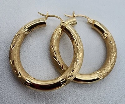 14k .585 Yellow Gold 4 mm Diamond Cut 1" Hoop Earrings Au 23184 - Image 1 of 4